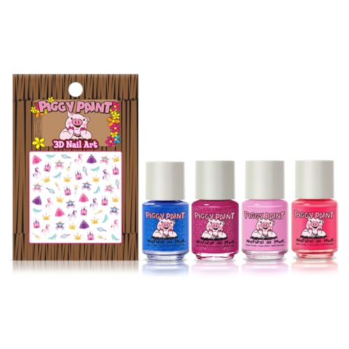 Piggy Paint | 100% Non-Toxic Girls Nail Polish | Safe, Cruelty-free, Vegan, & Low Odor for Kids | Tiny Tiaras (4 Polish + Nail Art Gift Set)