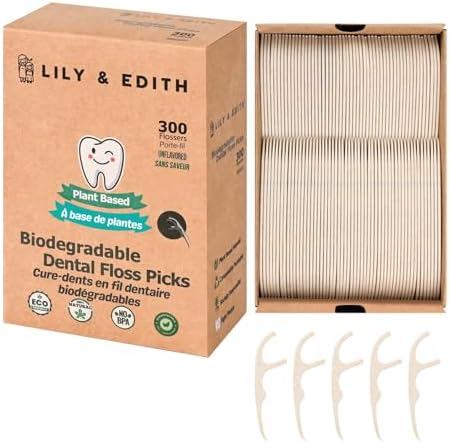 LILY & EDITH Plant Based Dental Floss Picks Adults and Kids 300 Counts, Fluoride-Free, Plant Based Straw Wheat, Earth Friend, Zero Waste Package, Shred Resistant (Unflavored)