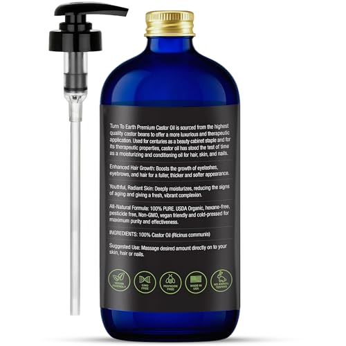 Organic Castor Oil, Cold Pressed, Glass Bottle, USDA Certified Premium Organic, Unrefined, Hexane Free, for Hair Growth, Radiant Skin, Eyebrows, Lashes and Fuller Hair, 16.9 oz w/ Pump (Made in USA)