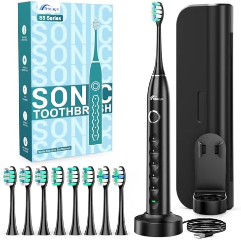 Rtauys Electric Toothbrush for Adults and Kids, Wireless Rechargeable Tooth Brush with 8 Replacement Heads, One Charge for 120 Days, 5 Modes Toothbrush with Travel Case, Black