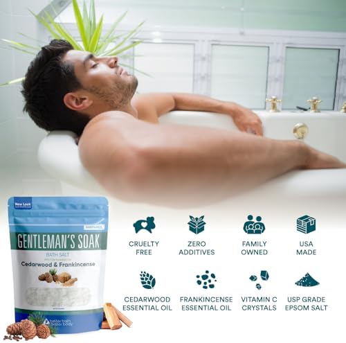 Gentleman's Bath Salt 32 Ounces Epsom Salt with Natural Cedarwood, Frankincense, Eucalyptus and Peppermint Essential Oils Plus Vitamin C in BPA Free Pouch with Easy Press-Lock Seal