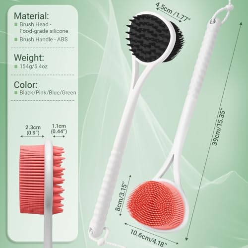 Silicone Face/Body/Back Scrubber Set, 15.35’’ Soft Back Scrubber for Shower with Dual-Side Brush Head, Silicone Body Scrubber Facial Scrubber with Dense Bristles and Non-Slip Handle(Pink-3PCS)