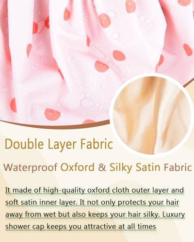 Shower Cap Large Shower Caps for Women Reusable Waterproof with Adjustable Band Double Layer Design Large Luxury Washable Bath Hair Bonnet (Pink Dot)