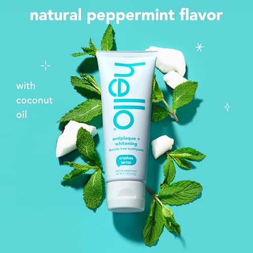 Hello Antiplaque Toothpaste, Fluoride Free for Teeth Whitening with Natural Peppermint Flavor and Tea Tree Oil, Peroxide Free, Gluten Free, SLS Free, 3 Pack, 4.7 OZ Tubes