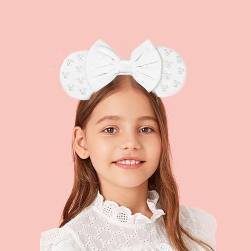 JIAHANG White Velvet Mouse Ears Hair Bow Headband with Pearls, Party Decoration Beadings Headwear for Women Girls(velvet white 04)