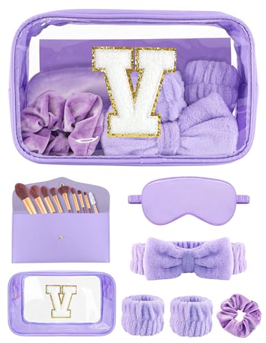 Gift Sets for Women, Initial Makeup Bag with Makeup Brush Set Bachelorette Party Favors, Purple Spa Kit with Skincare Headbands Wrist Bands Sleepover Party Supplies Gifts for Teen Girls Bridesmaid V