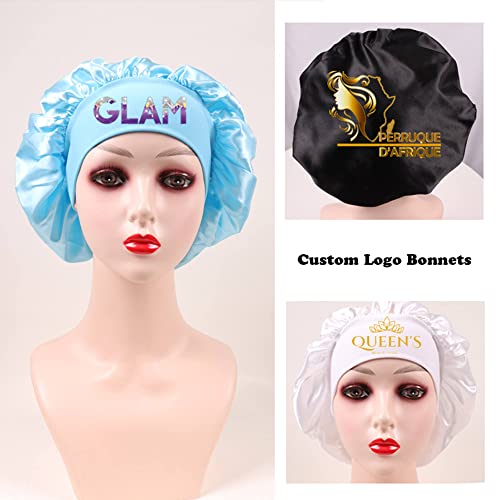 Customize Satin Bonnet Silk Hair Bonnet for Sleeping Black Women, 10 PCS Custom Private Logo Hair Wrap Cap (Logo on top, Coffee)