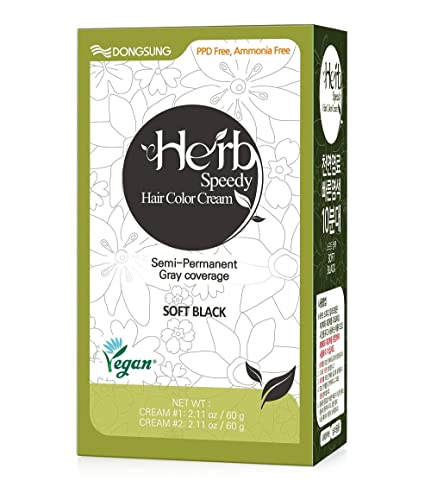 DONGSUNG Herb Speedy Color Cream (Soft Black, 1 Pack), PPD-Free Ammonia-Free Vegan Hair Dye with Sun Protection, Odorless, Gentle for Sensitive Scalp, No Eye or Scalp Irritation