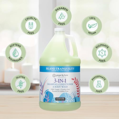 Ginger Lily Farms Botanicals 3-in-1 Shampoo, Conditioner & Body Wash, Island Tranquility, 100% Vegan & Cruelty-Free, Green Tea & Lemongrass Scent, 1 Gallon (128 fl oz) Refill