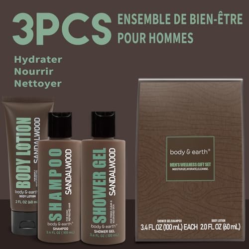 BODY & EARTH Men Gift Sets - 3PC Mens Gift Baskets Includes Sandalwood Shower Gel, Body Lotion, Shampoo, Mens Gift Basket as Birthday and Christmas Gifts for Men, Boyfriends and husbands