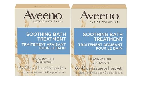 Aveeno Fragrance Free Soothing Bath Treatment, 100% Natural Colloidal Oatmeal, Sensitive Skin Bath Soak for Relief of Dry, Itchy, Irritated Skin Due to Eczema & Hives, Bath Packets, 8 ct. (Pack of 2)