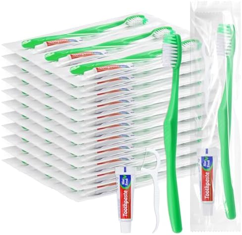 Disposable Toothbrushes with Toothpaste and Floss,50Pcs Green Single Use Individually Wrapped Disposable Travel Toothbrushes and Dental Floss Kit Bulk for Homeless,Airbnb,Hotel,Dentist