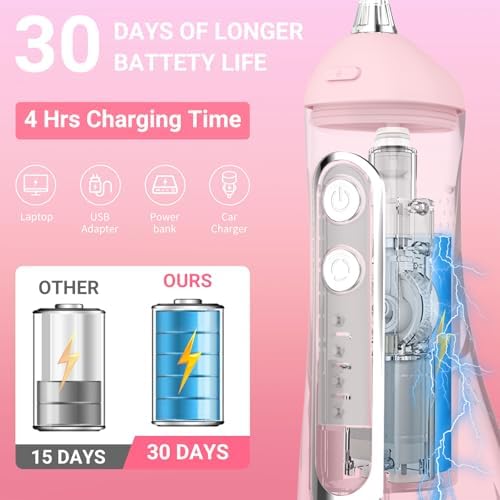Cordless Water Dental Flosser Oral irrigator,JNGOODS 300ml Rechargeable Water flosser for Teeth IPX7 Waterproof 4 Modes Portable Oral Irrigator with 4 Jet Tips, Travel Home use (Pink)