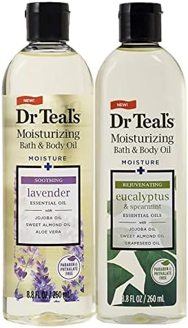 Dr. Teals Bath & Body Oil Variety Gift Set (2 Pack, 8.8oz Ea.) - Soothing Lavender & Rejuvenating Eucalyptus & Spearmint - Essential Oils Hydrate Skin & Alleviates Daily Stress