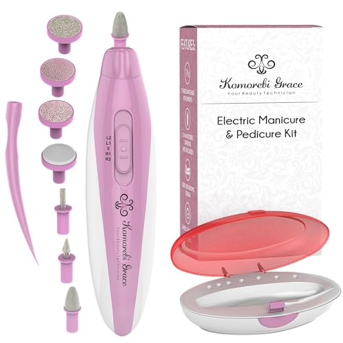 Electric Nail File Manicure & Pedicure Set: 2-Speed Battery Operated Nail File Kit w Portable Nail Drill Grinder, Buffer, Shaper, Polisher and Cuticle Pusher for Natural Finger Nails & Toe Nails Care