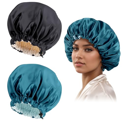 Satin Silk Bonnet for Curly Hair Braid Bonnets for Sleeping for Women Large Double-Layer Adjustable(Black&Blue Zircon)