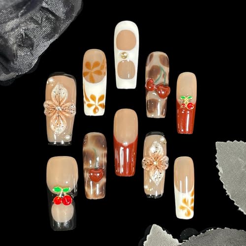 Handmade Press On Nails Square 3D Floral Cherry Blossom Leopard French Fake Nails wtih Design, Reusable Acrylic False Nails Gift Set (Cherry, S)