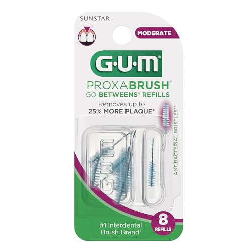 GUM Proxabrush Go-Betweens Refills - Moderate - Compatible with GUM Permanent Handle - Reusable Interdental Brushes - Soft Bristled Dental Picks, 8ct(6pk)
