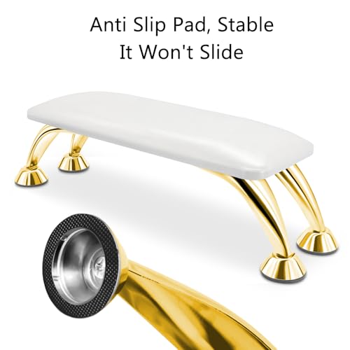 Arm Rest for Nails Tech Soft Comfortable, Nail Arm Rest Anti-Slip, Microfiber Leather Manicure Hand Rest for Nails Tech Armrest Stand with Gold Stainless Steel Legs