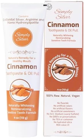 Simply Silver Toothpaste - Nano Hydroxyapatite & Colloidal Silver Natural Toothpaste & Oil Pull, Fluoride Free, Remineralizing & Sensitive Teeth New Formula, 4 oz (Cinnamon)