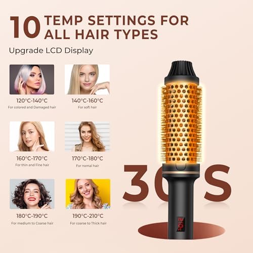 Thermal Brush,10 Temperatures LCD Display Upgrade to 400°F 1.5 in Heated Round Brush Curling Iron Heated Ceramic Tourmaline Ionic Comb 110-240V Volum