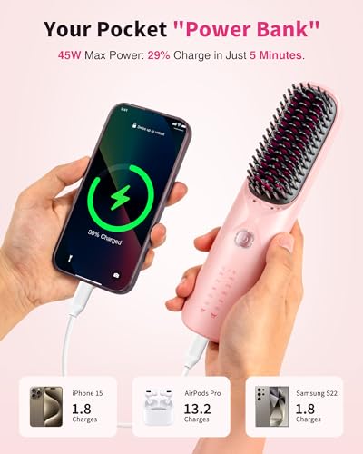 Cordless Hair Straightener Brush - Portable Hair Brush for Travel - 30s Fast Heating - 300 Million Negative Ions for Frizz-Free Shine, Touch Up On-The-Go, Gift for Women,10,000mAh