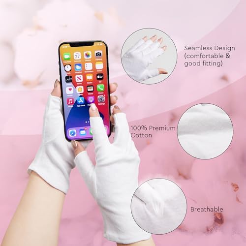 4 Pairs White Cotton Gloves, Fingerless, 100% Pure Cotton, Touchscreen, Moisturizing, One Size Fits Most, Dry Hands, Eczema Gloves