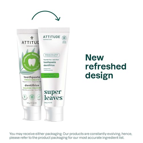 ATTITUDE Fluoride-Free Fresh Breath Toothpaste, Peppermint Flavor, Vegan & Cruelty-Free, Sugar-Free, Plant & Mineral-Based Ingredients, Clean Oral Care, 4.2 Oz