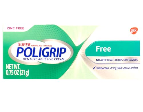 Poligrip (Pack of 5) Super Denture Adhesive Cream - Strong, All-Day Hold, Zinc Free, No Artificial Flavors or Colors - 0.75 Oz Each
