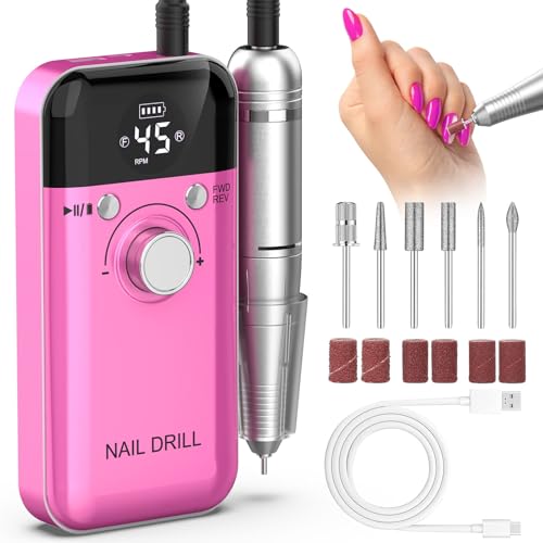 Portable Nail Drill Professional: 45000 RPM Rechargeable Electric Nail Drills Machine with 6 Bits, Drill para Uñas Profesional E File for Acrylic, Gel Nails, Manicure & Pedicure - Salon & Home Use