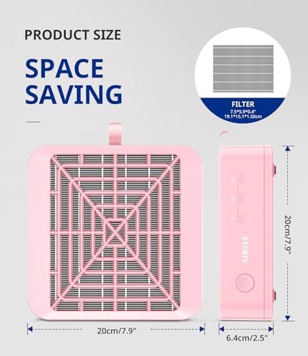 AIRSEE Nail Dust Collector,Compact Vacuum Fan Dust Collector for Salon & Home with Reusable Filter, Powerful Dust Suction Machine Manicure Pedicure Tool for Acrylic Nail Polishing, Pink