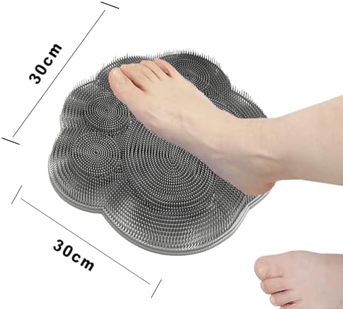 Shower Foot Scrubber Mat,Shower Foot and Back Scrubber with Suction Cups,Back Scrubber for Washer with Storage Hooks,Massager Cleaner Wash Brush(Gray)