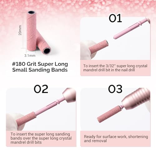 MelodySusie 50 Pcs Nail Drill Bits Super Long Small Sanding Bands with 3.1mm Crystal Mandrel Bit, 180 Fine Grit Nail File for Acrylic Nails Gel Manicures and Pedicure, Pink