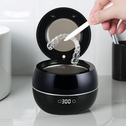 Dental Ultrasonic Retainer Cleaner Machine: 45kHz Dental Cleaning Pod for Denture, Aligner, Mouth Guard, Night Guard, Braces & Jewelry, UV Denture Cleaner with Digital Timer & Dual Mode 250ML Black