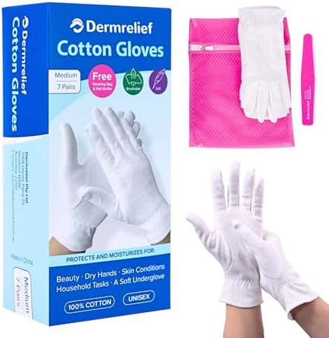 Cotton Gloves - for Beauty, Dry Hands, Eczema, Dermatitis and Psoriasis (7 Pairs) with Free Gifts (Professional Nail Buffer & Washing Bag) (Large)