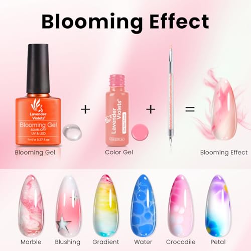 Lavender Violets 26 PCS Blooming Gel Nail Polish Set, 21 Colors Marble Flower Watercolor Solid Glitter Red Brown Green Black with Base Coat Glossy and Matte Top Coat Liner Brush Pen C406