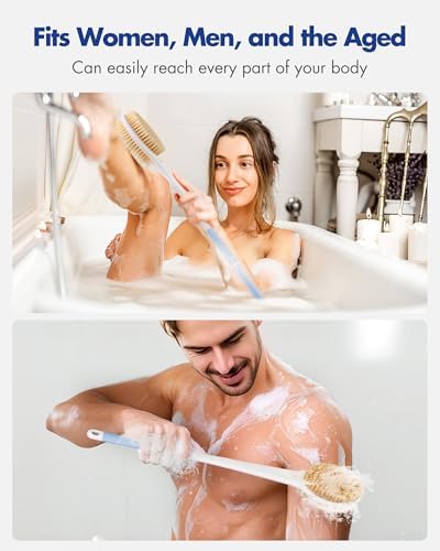 Back Scrubber Body Shower Brush: 20.5‘’ Extra Long Anti Slip Handle Bath Brush with Stiff and Soft Bristles - Showering Exfoliator Wet or Dry Brushing for Women, Men, Elderly (Blue)