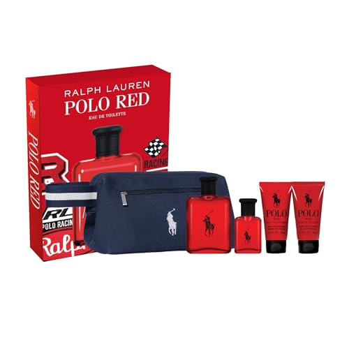 RALPH LAUREN FRAGRANCES Polo Red Eau de Toilette - Men's Cologne Set - Woody & Spicy - With Grapefruit, Saffron, and Redwood - Full Size & Travel Size Fragrance, Aftershave, Hair & Body Wash, and Pouch