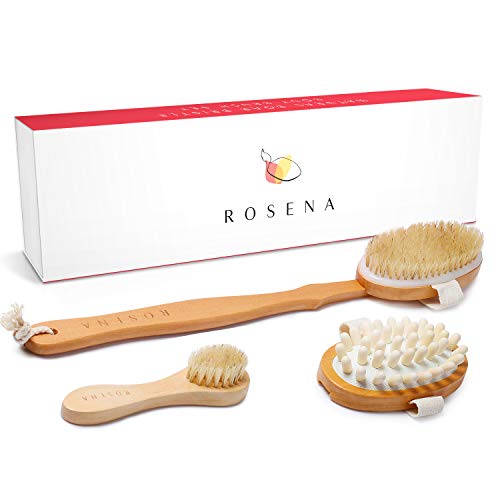 Dry Brushing Body Brush Set – Natural Bristle Spa Exfoliator Kit with Face Cleansing Brush, Long Dry Brushing Body Brush for Lymphatic Drainage & Massaging Cellulite Brush for Smooth, Radiant Skin