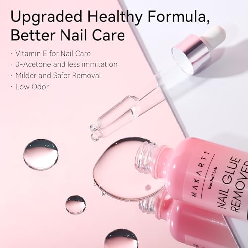 Makartt Press on Nail Glue Remover: 50ML Quick Glue Debonder | Easy Removal with a Dropper Applicator | Updated Formula with Vitamin E | No Acetone/Hema | For Fake Nails,Semicure Stickers,Large