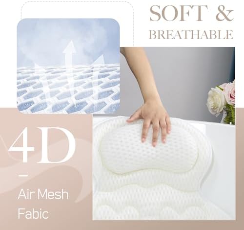 Bath Pillows for Tub Luxury, Bath Pillow for Head and Neck, Fit Bathtub Hot Tub Relaxing Gifts for Women, Comfort 4D Air Mesh Fabric & 6 Non-Slip Suction Cups (White)