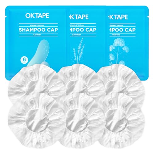OK TAPE No Water Shampoo Caps (6 Pack) 3 Scents, Rinse Free Shower Cap for Elderly, After Surgery, Camping, Shampoo and Conditioner Hair Wash Cap (Lavender, Verbena and Cucumber Scents)