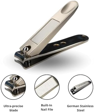 Nail Clippers Set 3 in 1 - Stainless Steel Toe Nail Clippers, Fingernail Clipper, Glass Nail File, Anti Splash, Ergonomic Grip in PU Leather Travel Case for Men & Women (Brown Case)