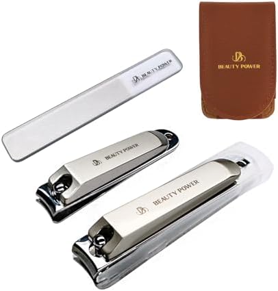 Nail Clippers Set 3 in 1 - Stainless Steel Toe Nail Clippers, Fingernail Clipper, Glass Nail File, Anti Splash, Ergonomic Grip in PU Leather Travel Case for Men & Women (Brown Case)