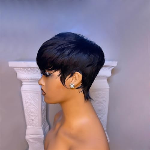 Short Bob Wig Human Hair for Black Women Pixie Cut wigs Human Hair Glueless Wig None Lace Front Wig with Bangs Natural Black Straight Full Machine Made Short Layered for daily use 1B