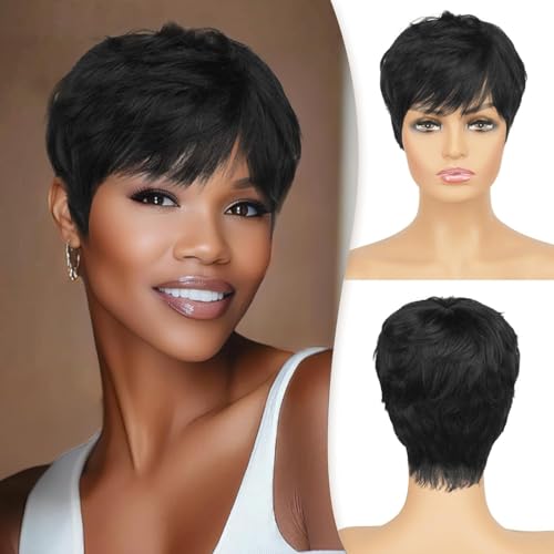 RUWISS Pixie Cut Wig Human Hair Pixie Wigs for Black Women with Bangs Natural Short Black Wig Layered Wavy Different Style Short Wigs for Black Women (1B#)