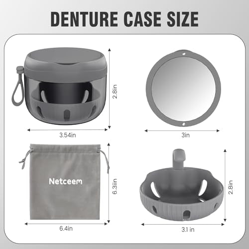 Denture Bath Box Cup, Leak Proof Denture Cup Kit Portable Retainer Case for Travel, Denture Case Cleaning Care for Dentures Aligner Mouth Guard with Denture Brush,Strainer, Removal Tool and Mirror
