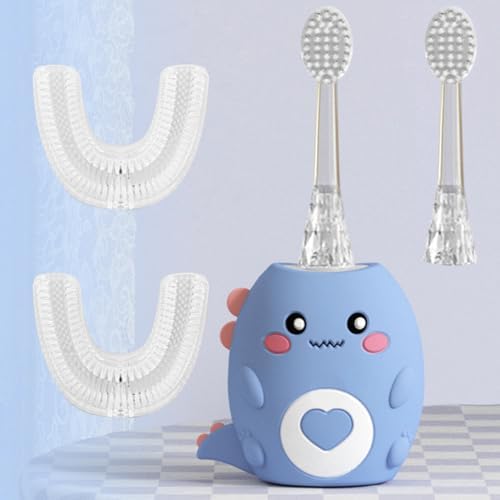 Kids U Shaped Electric Toothbrush, Multi-Mode High-Frequency Sonic Vibration Toothbrush, Cute Cartoon Dinosaur Shape 360-Degree Cleaning IPX7 Waterproof Design (2-12 Years Old)