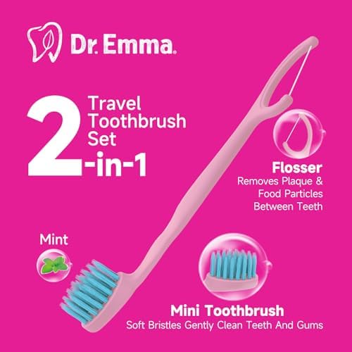 Dr. Emma Mini Brush Disposable Toothbrushes with Floss, Travel Mint Toothbrush for On-The-Go Use, 24 Packs Individually Wrapped Small Portable Toothbrush, Pink