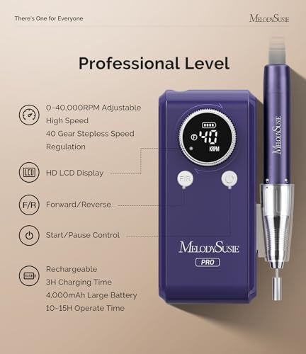 MelodySusie Professional 2 in 1 Nail Drill Kit 40,000 RPM, MB420G Brushless Portable Cordless Rechargeable Electric Nail File, Efile Nail Drill Machine for Acrylic Gel Nails Polishing Removing, Purple